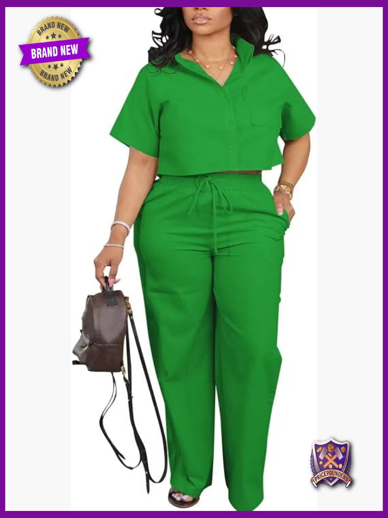 Women 2 Piece Outfits Short Sleeve Crop Top Drawstring Long Pants Set Work